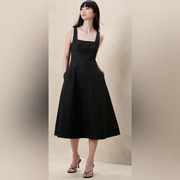 Banana Republic Women’s Black Square Neck Midi Dress - Sz 8 Tall - Picture 2 of 7